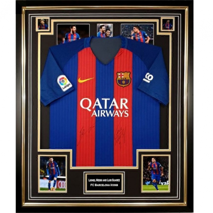 Messi & Suarez Autographed FC Barcelona Home Jersey [Framed]